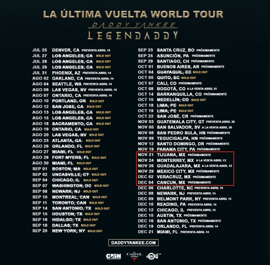 Cartel de conciertos de Daddy Yankee