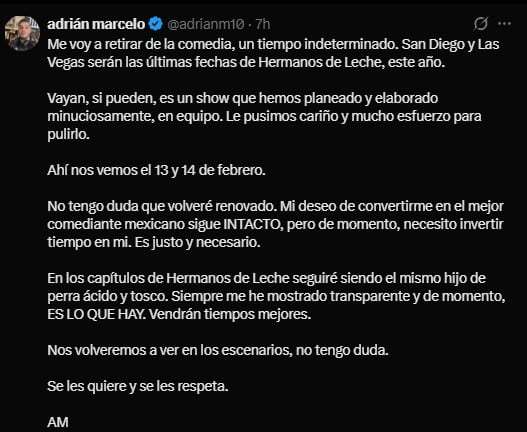 Adrián Marcelo anuncia pausa en su carrera como comediante