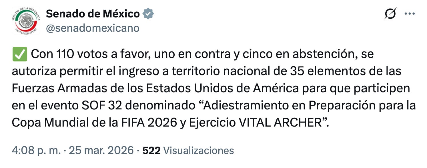 Senado aprueba ingreso de tropas de Estados Unidos por Mundial 2026
