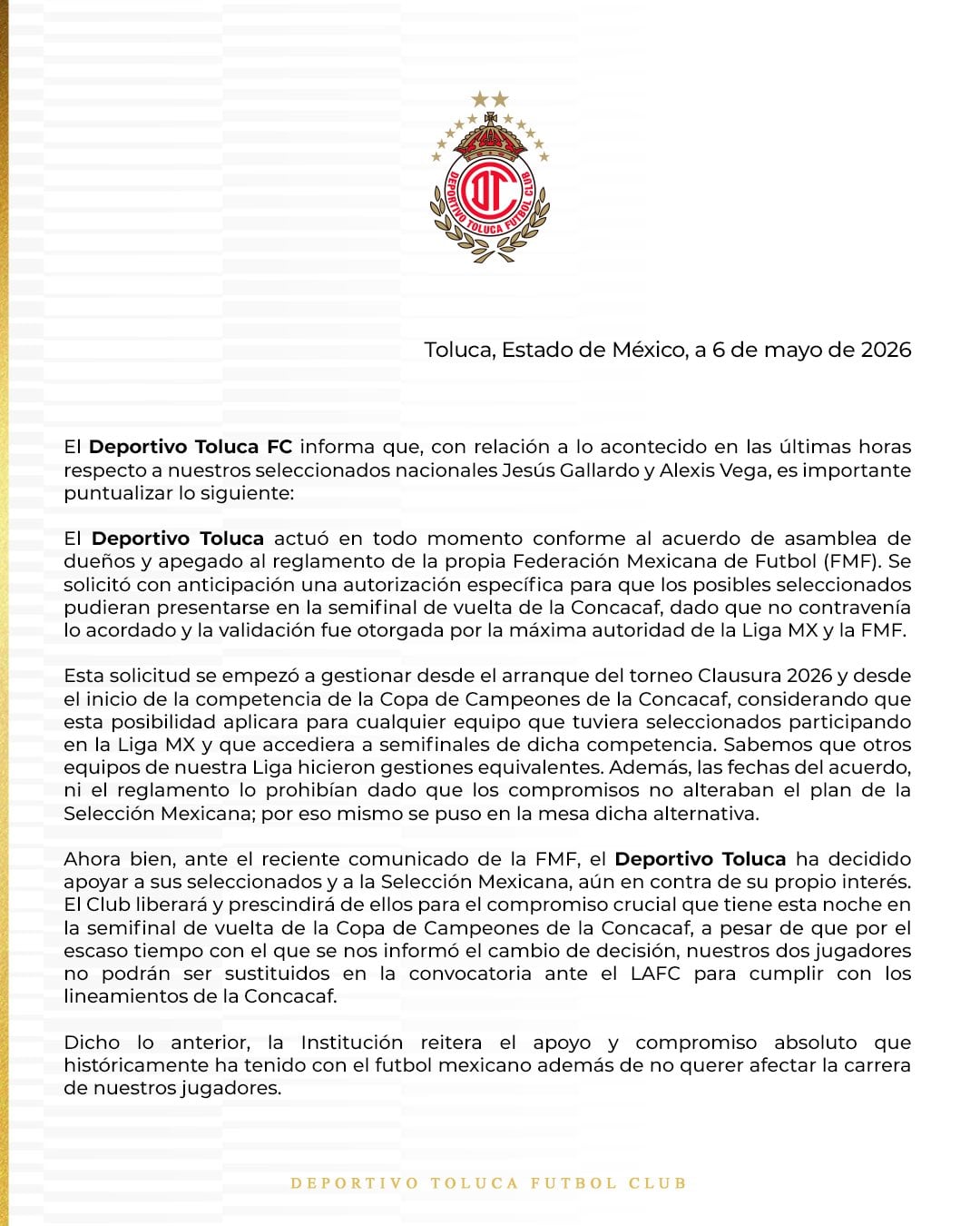 Toluca rompe el silencio: revela quién autorizó a Vega y Gallardo.