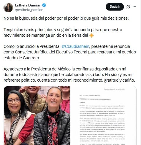 Esthela Damián rechaza que su renuncia a la CJEF sea por poder.
