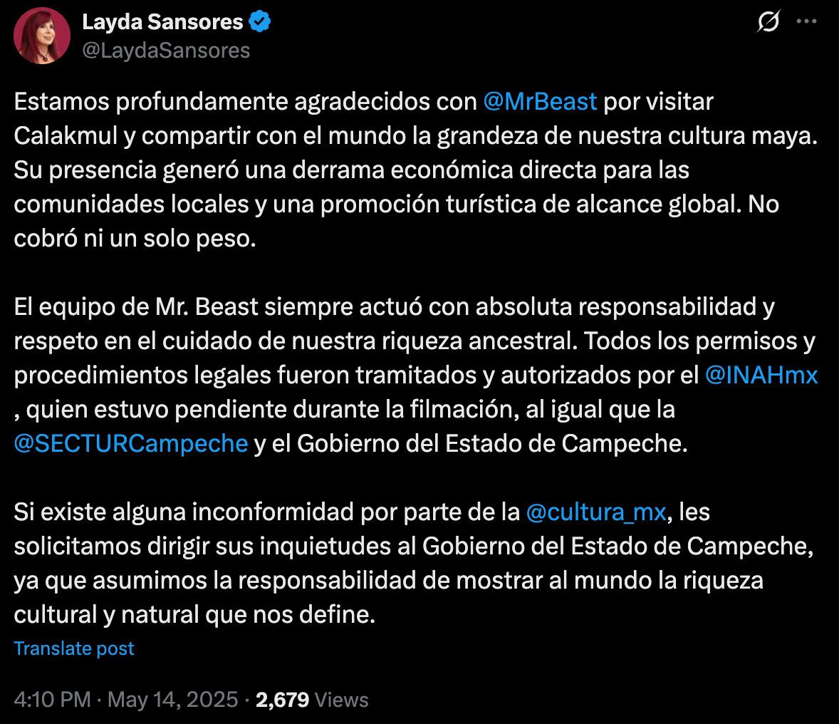 Layda Sansores sobre MrBeast