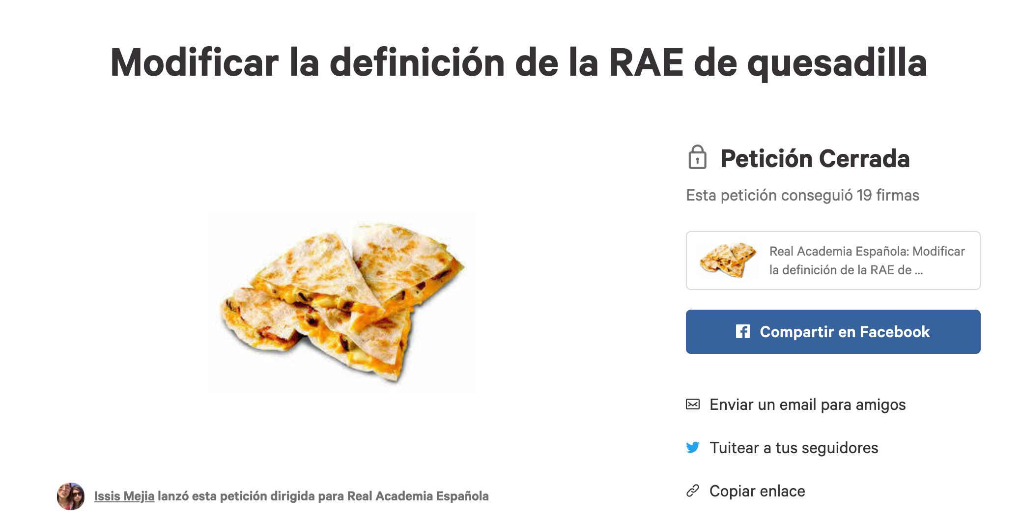 Petición para que la RAE cambie su definición de "quesadilla"