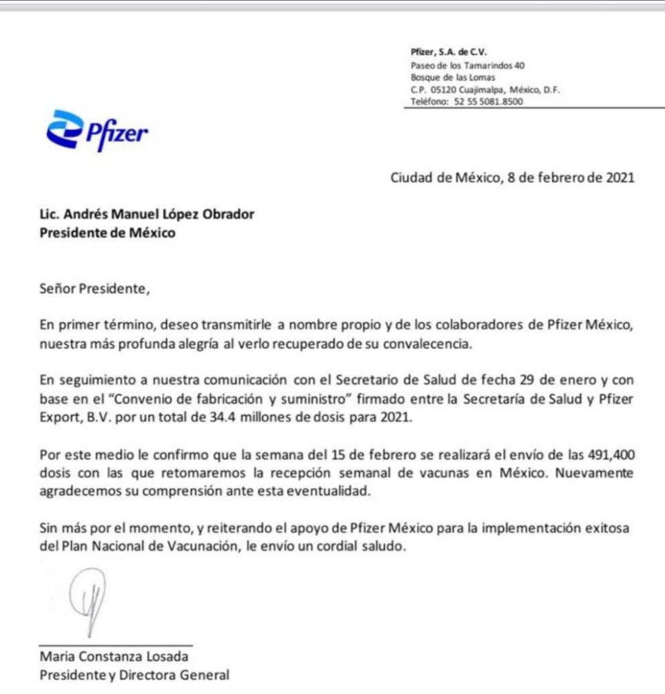 Carta de Pfizer a AMLO