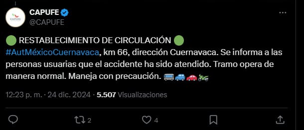 Reabren circulación en autopista México-Cuernavaca