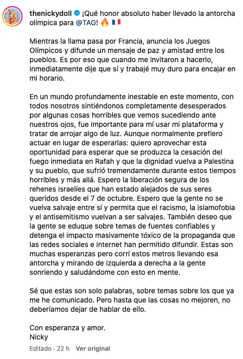 Nicky Doll se pronuncia sobre llevar la antorcha olímpica de los Juegos Olímpicos de París 2024.