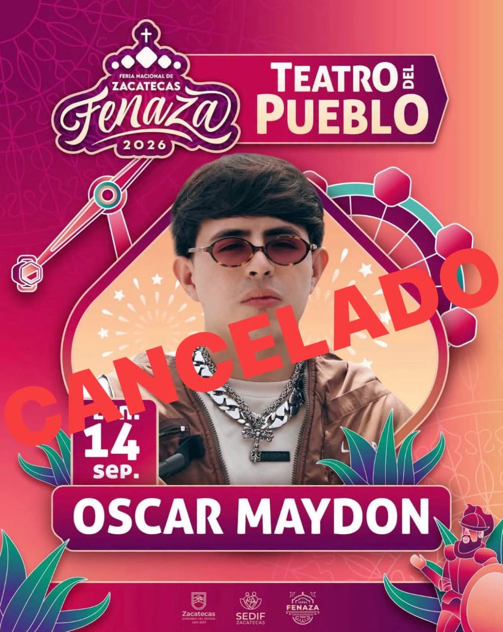 Cancelan presnetación de Óscar Maydon en la Feria Nacional de Zacatecas 2026