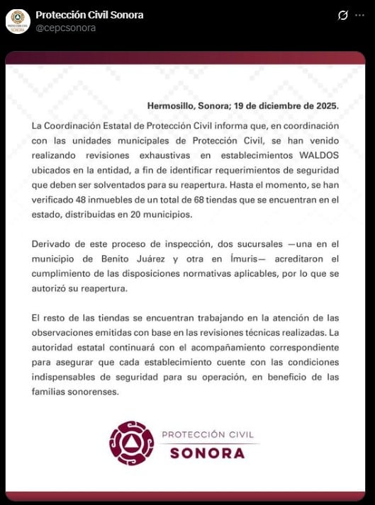 Protección Civil de Sonora inspecciona tiendas Waldo’s