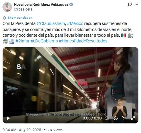 Rosa Icela Rodríguez presume expansión ferroviaria de Sheinbaum en Segundo Informe