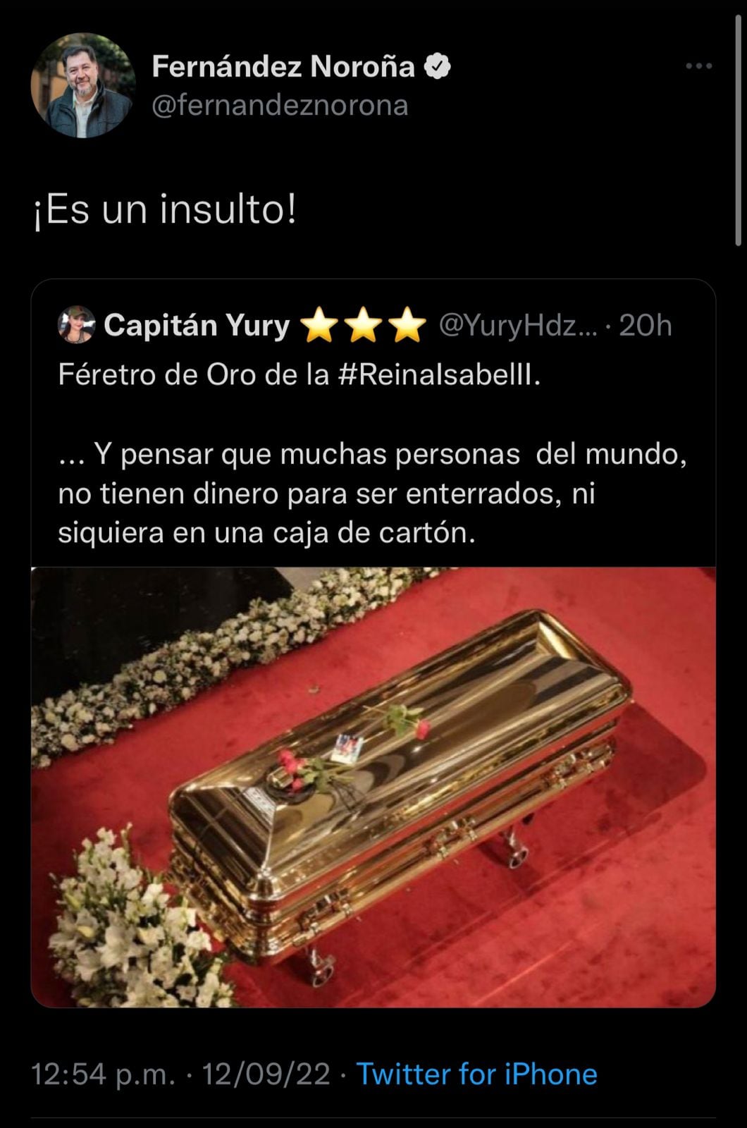 Fernández Noroña confunde ataúd de Isabel II