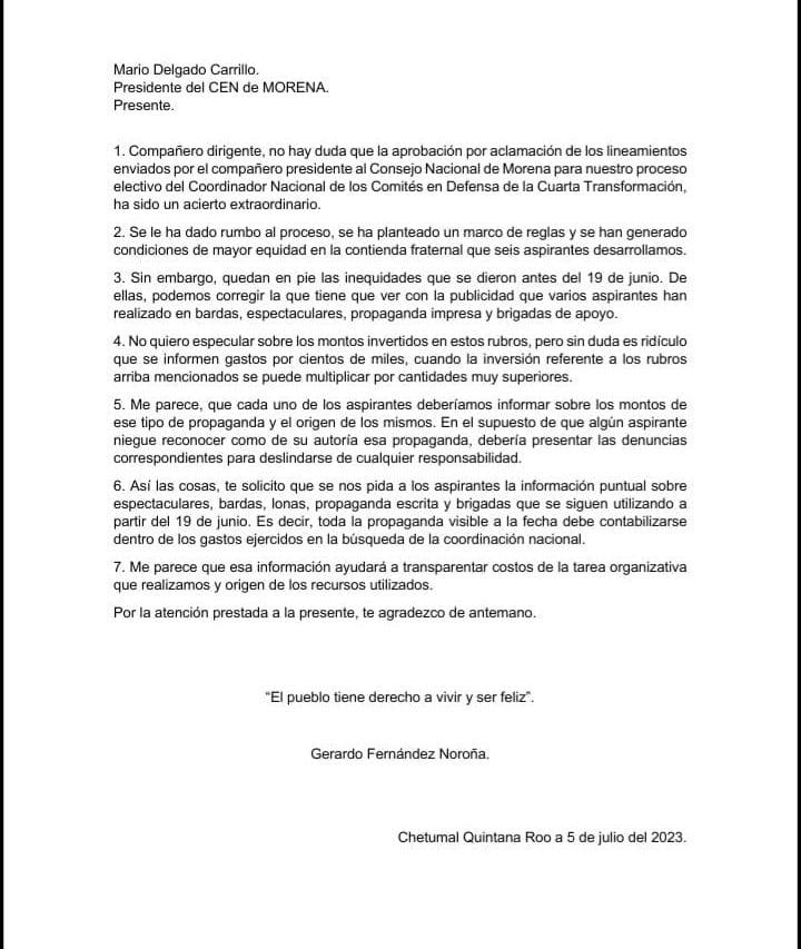 Carta de Gerardo Fernández Noroña a Mario Delgado