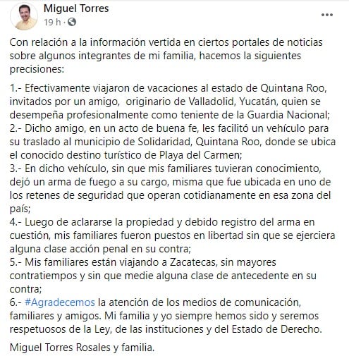 Comunicado del diputado Miguel Torres