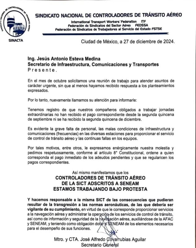 Sindicato Nacional de Controladores de Tránsito Aéreo hace exigencias a la SICT