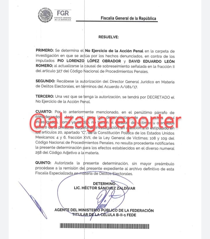 De acuerdo con lo reportado por el periodista Ignacio Alzaga, la FGR no ejercerá acción penal contra Pío López Obrador