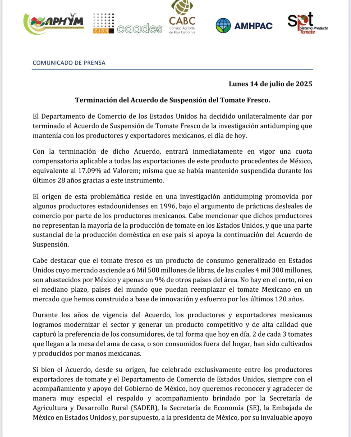 Productores de jitomate en México sobre aranceles
