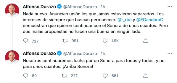 Tuits de Alfonso Durazo sobre Ricardo Bours