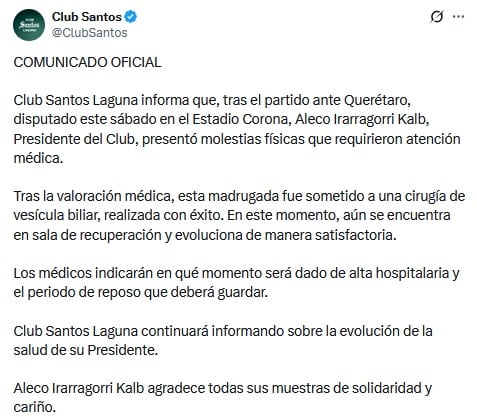 Comunicado de Santos Laguna sobre la salud de Aleco Irarragorri.