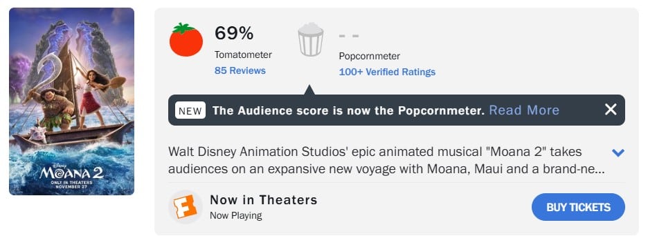 Calificación de Moana 2 en Rotten Tomatoes