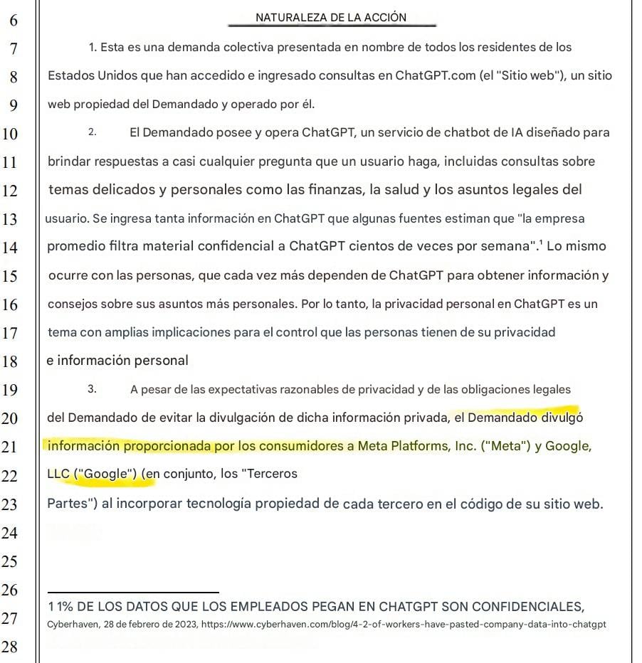 Una demanda acusa a ChatGPT de compartir datos sensibles con Google y Meta