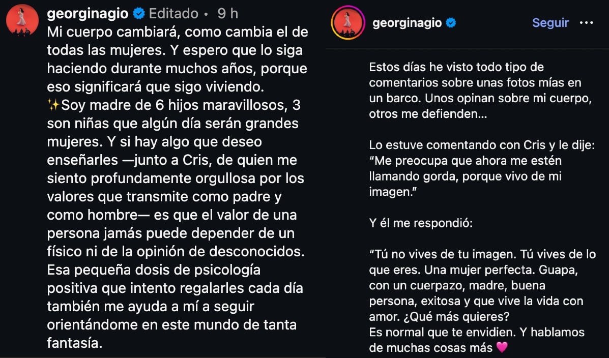 Georgina Rodríguez se defiende de las críticas a su cuerpo