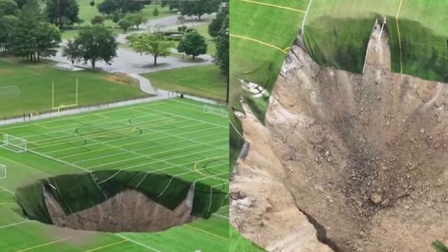 Enorme socavón se abre en medio de campo de futbol en Illinois, Estados Unidos