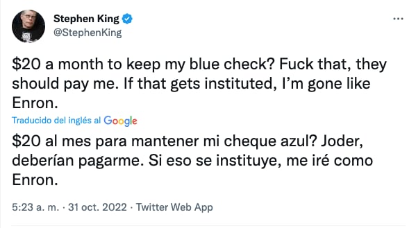 Pelea entre Elon Musk y Stephen King por el cobro a las cuentas verificadas