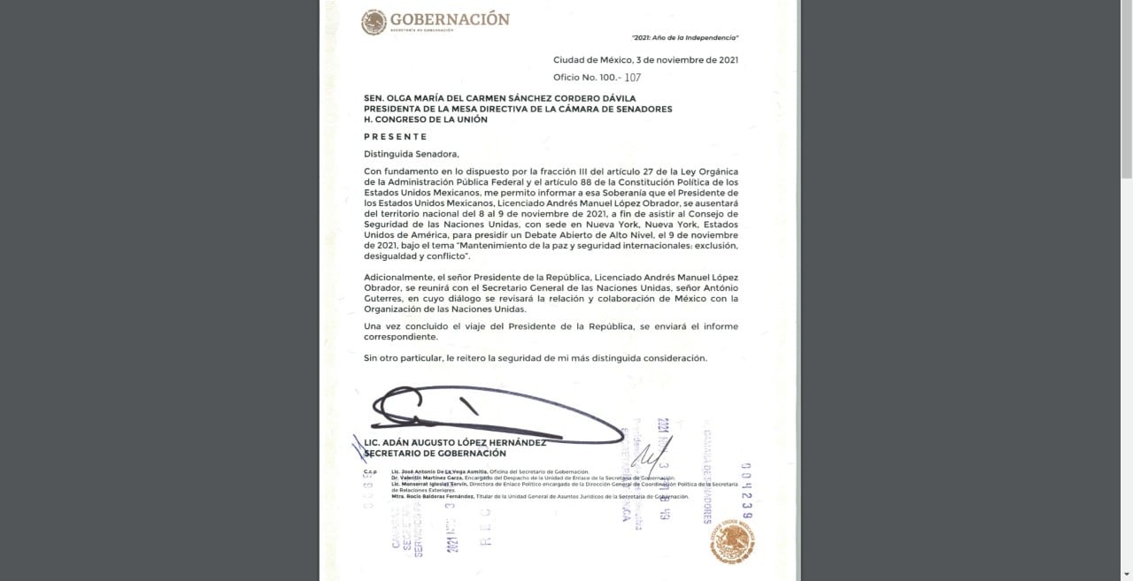 La Segob anunció al Senado sobre la visita de AMLO a la ONU