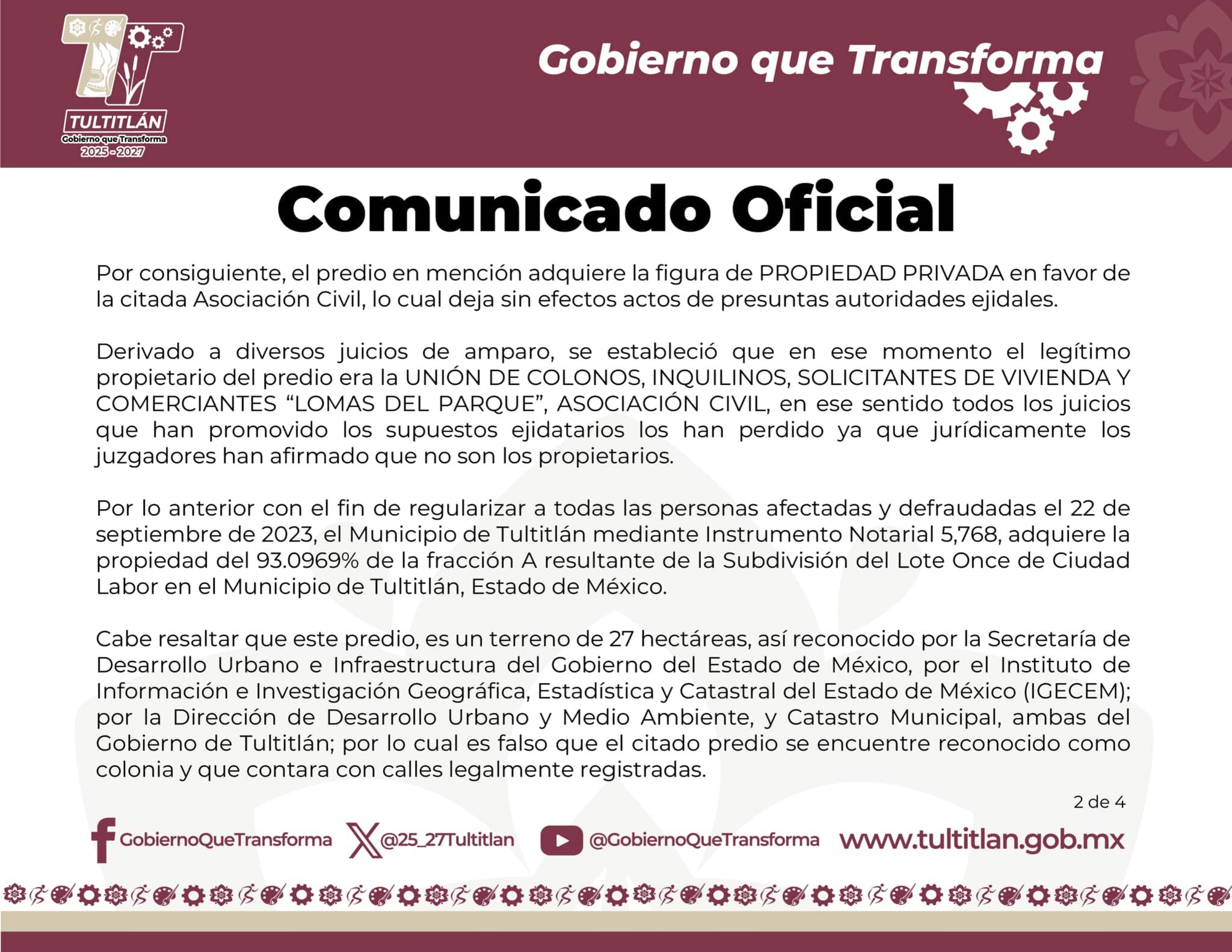 Comunicado del Gobierno de Tultitlán, sobre la colonia La Cuarta Transformación, acusa que enfrenta a “grupos de interés”