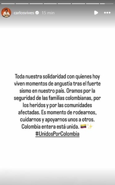 Carlos Vives envía mensaje de solidaridad tras el terremoto de 7.4 que sacudió a Colombia