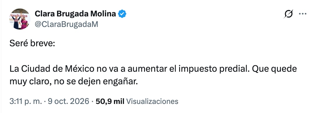 Clara Brugada niega aumento al impuesto predial