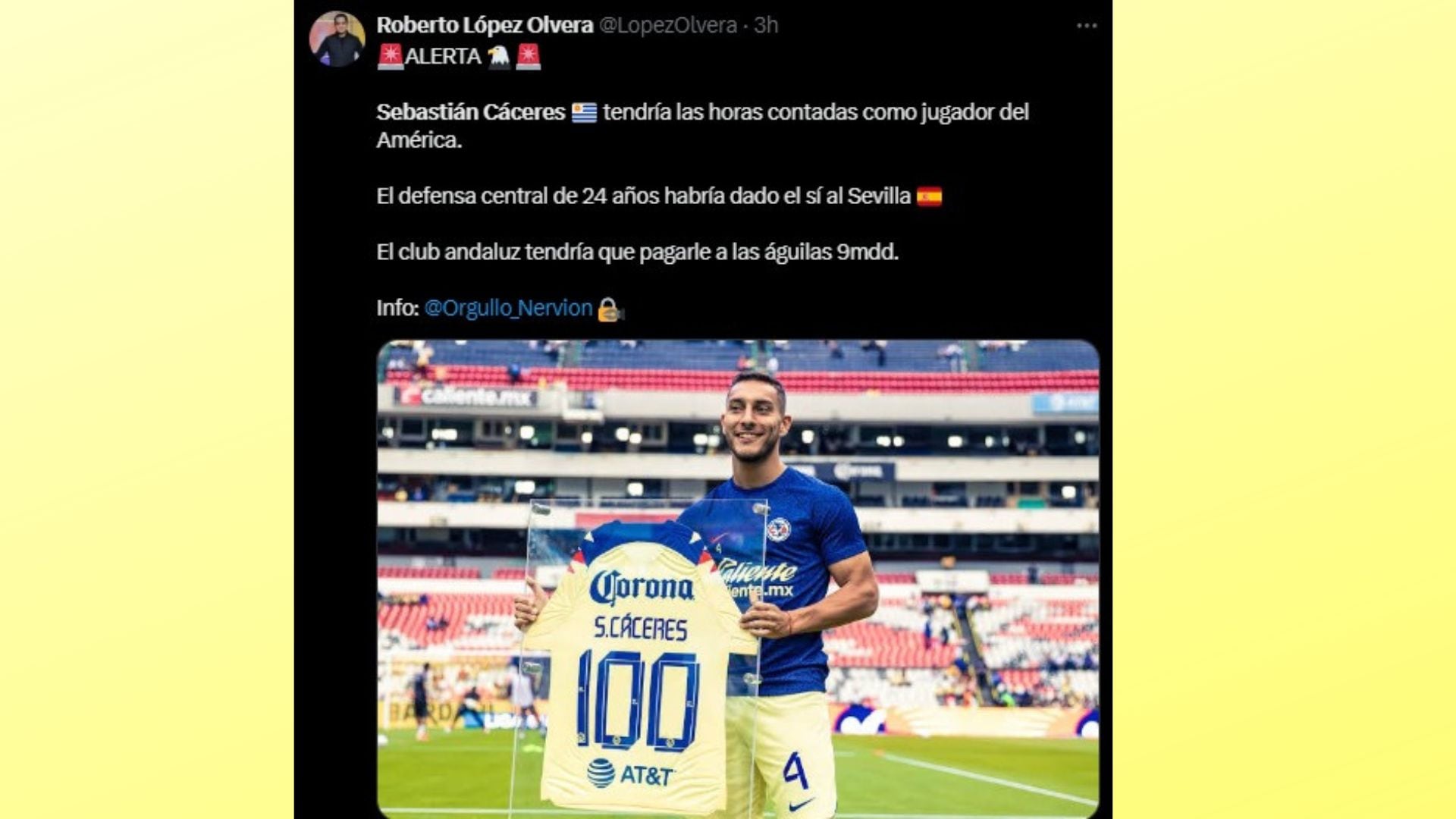 Sevilla va por Sebastián Cáceres de Club Améric