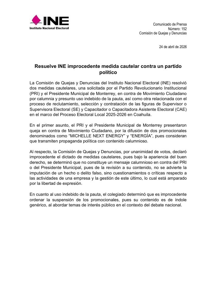 INE desecha queja Adrián de la Garza por campaña Next Energy de MC