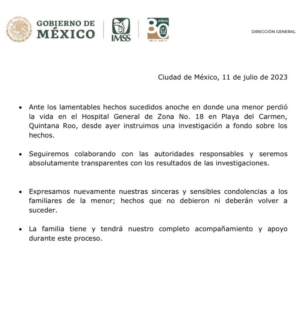 Zoé Robledo emite comunicado sobre caso de niña que murió prensada en IMSS de Quintana Roo