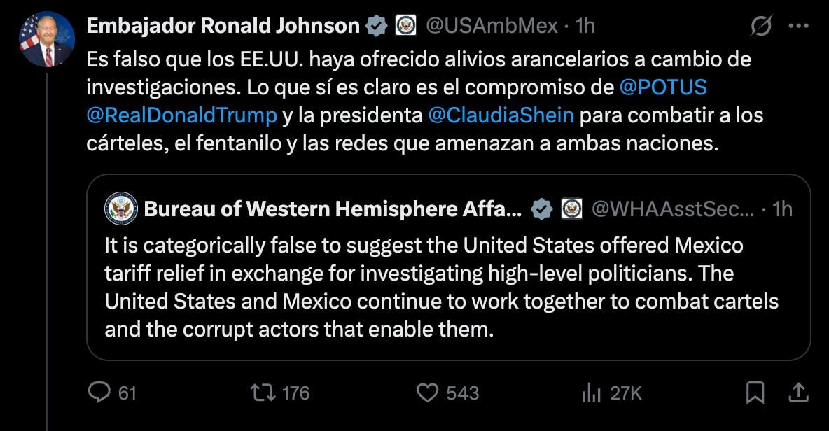 Niegan alivios arancelarios a cambio de investigar políticos de alto nivel.