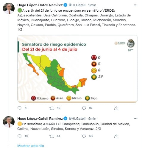 Tuits de López-Gatell sobre semáforo Covid-19