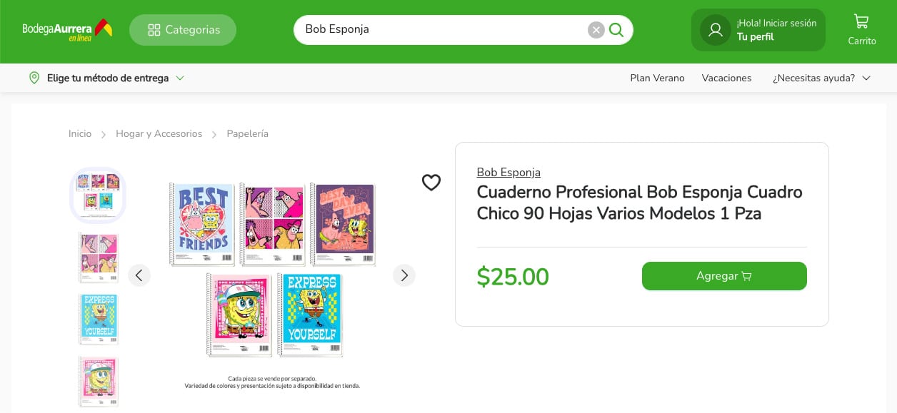 Cuadernos de Bob Esponja en Bodega Aurrerá