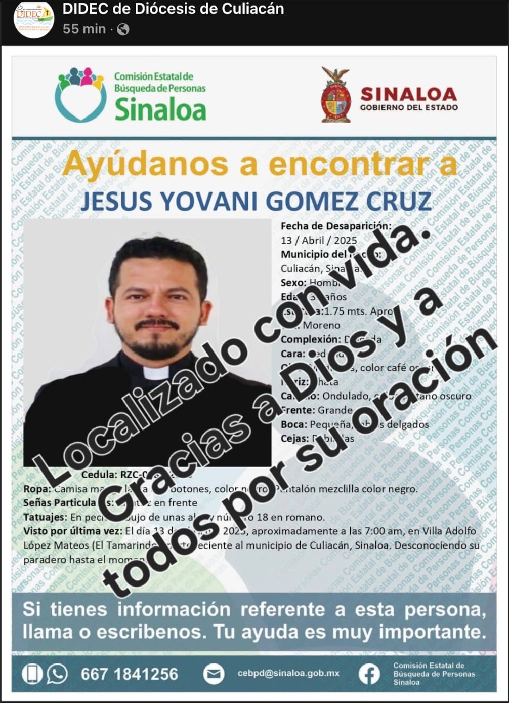 Aparece con vida padre Jesús Yovani Gómez Cruz en Sinaloa