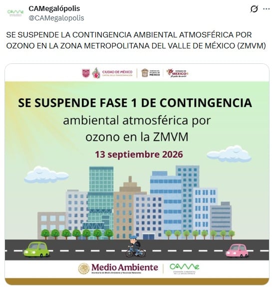 Suspenden Contingencia Ambiental en CDMX del 13 de septiembre
