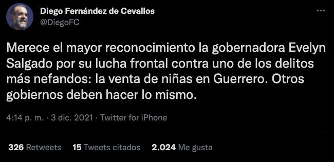 Diego Fernández de Cevallos reconoce a Evelyn Salgado por luchar contra venta de niñas