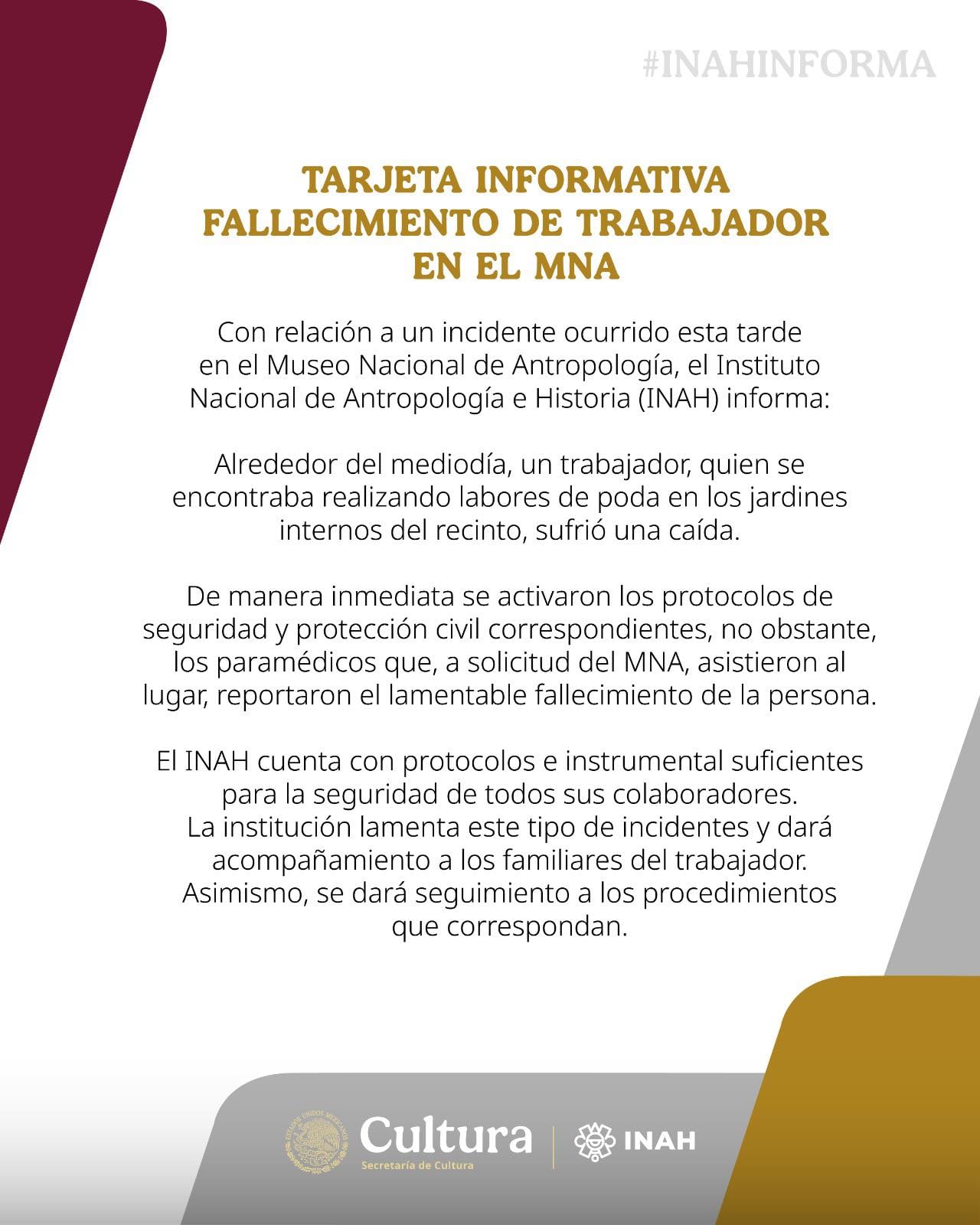 INAH comunicado muerte de trabajador Museo Nacional de Antropología