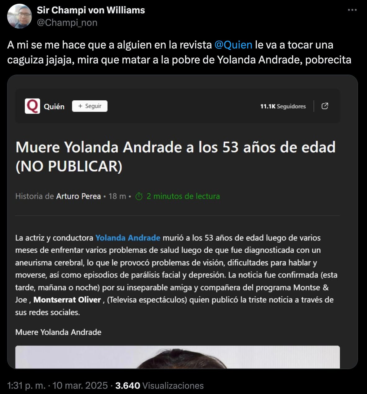 Revista Quién comparte que Yolanda Andrade había muerto