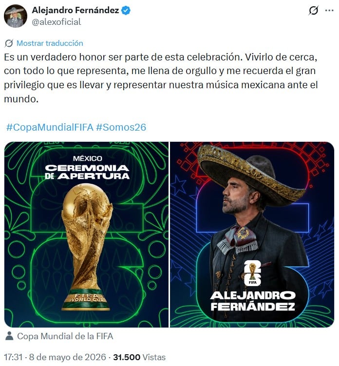 Alejandro Fernández llama “un honor” representar a México en el Mundial 2026