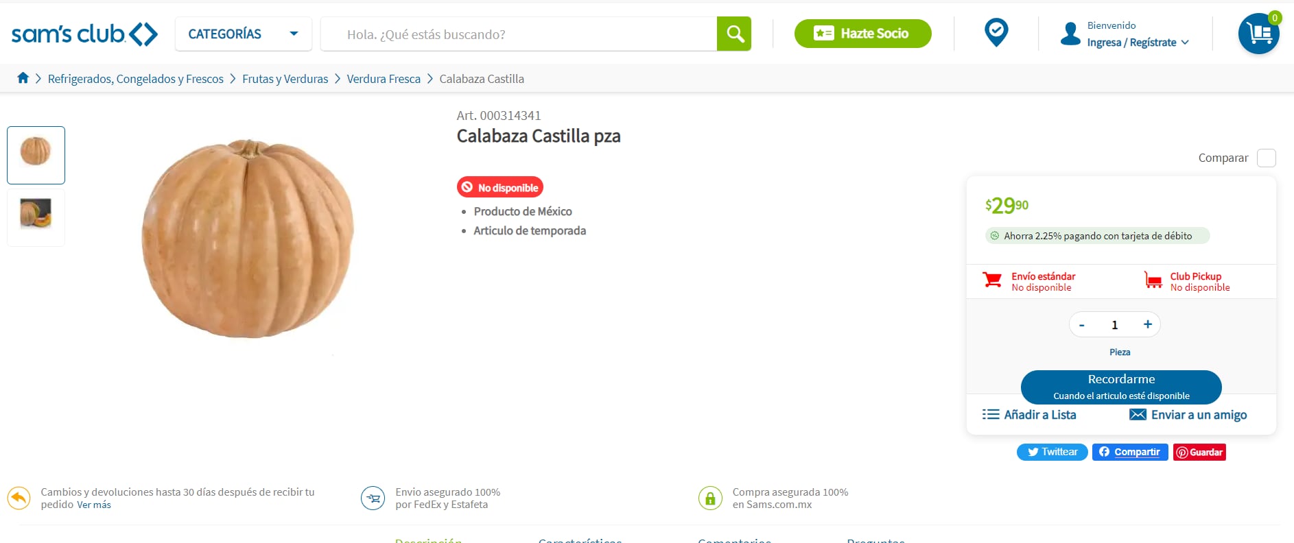 Este el precio de la calabaza de Castilla en Sam's Club