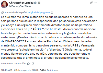 Christopher Landau cuestiona respaldo de Morena a Raúl Castro