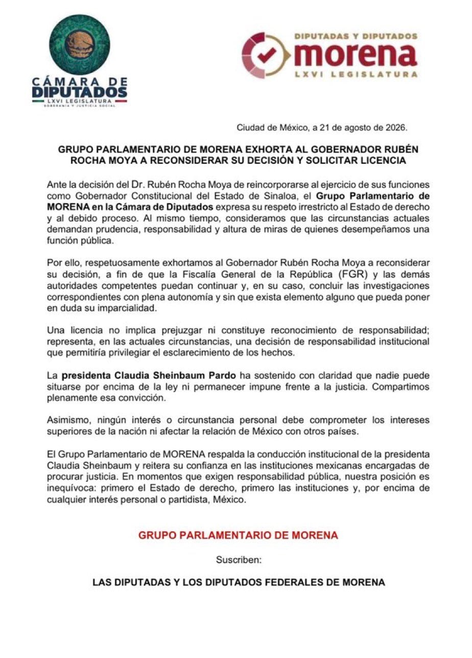 Diputados de Morena fijan postura sobre regreso de Rocha Moya tras licencia