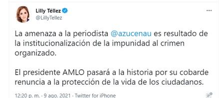 Lilly Téllez solicita al gobierno de México protección inmediata para Azucena Uresti