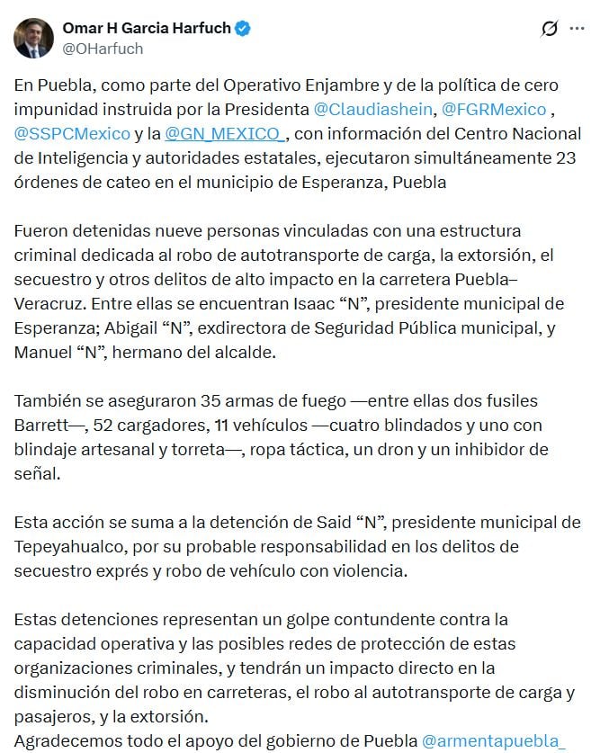 Omar García Harfuch confirma captura del alcalde de Esperanza y agradece a Alejandro Armenta