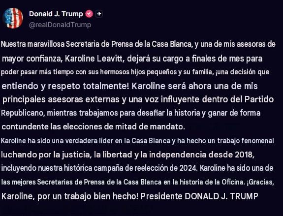 Donald Trump anuncia que Karoline Leavitt dejará la Casa Blanca