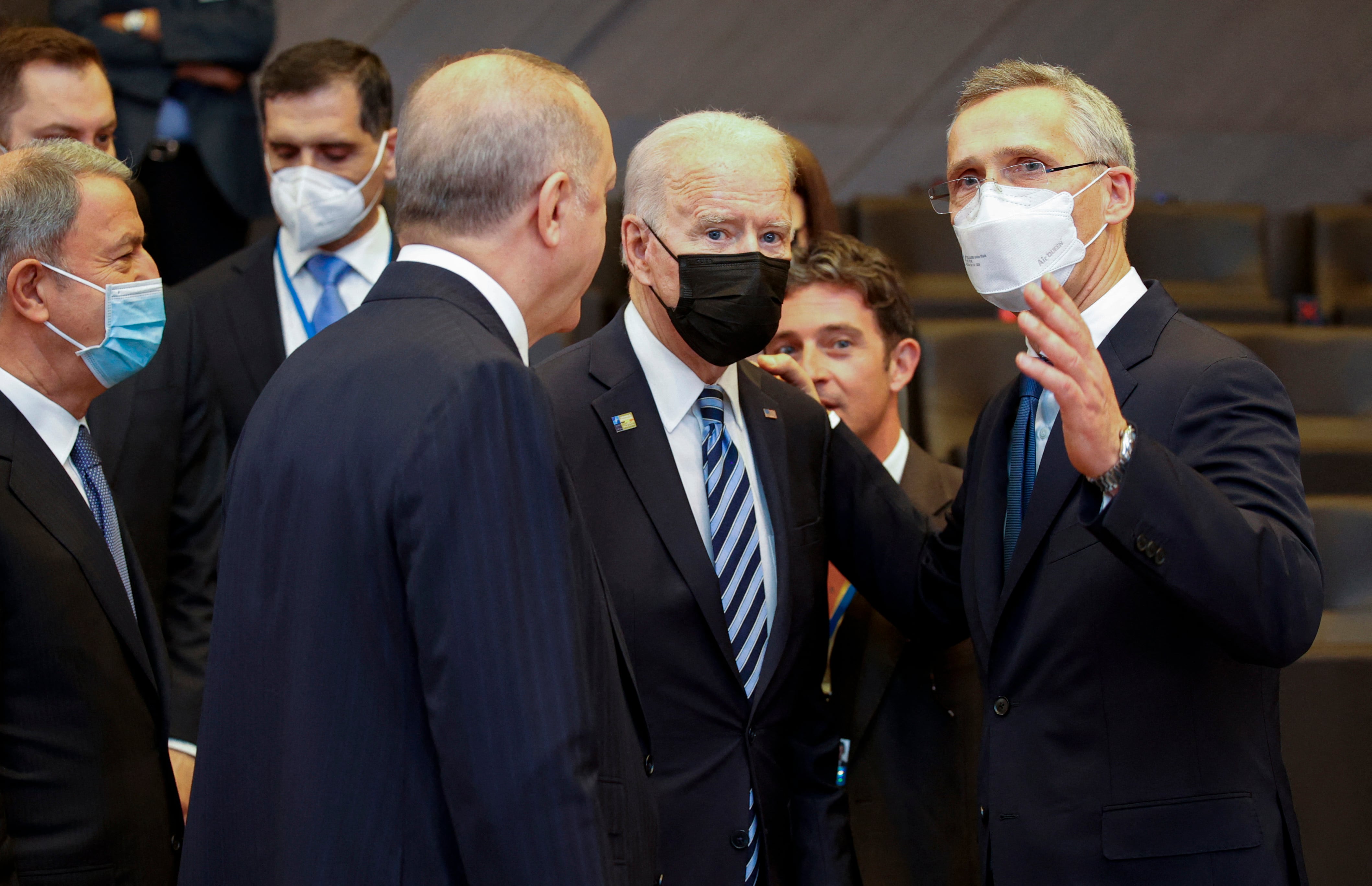 Jens Stoltenberg, secretario general de la OTAN; Joe Biden, presidente de Estados Unidos y Tayyip Erdogan presidente de Turquía