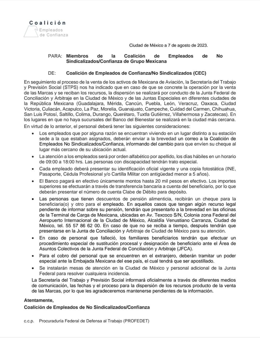 Comunicado de CEC para empleados de la aerolínea Mexicana de Aviación